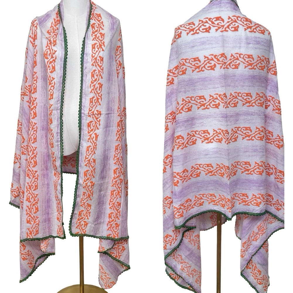 Vintage Purple Orange Abstract Print Scarf Shawl Wrap Green Crochet Trim Boho